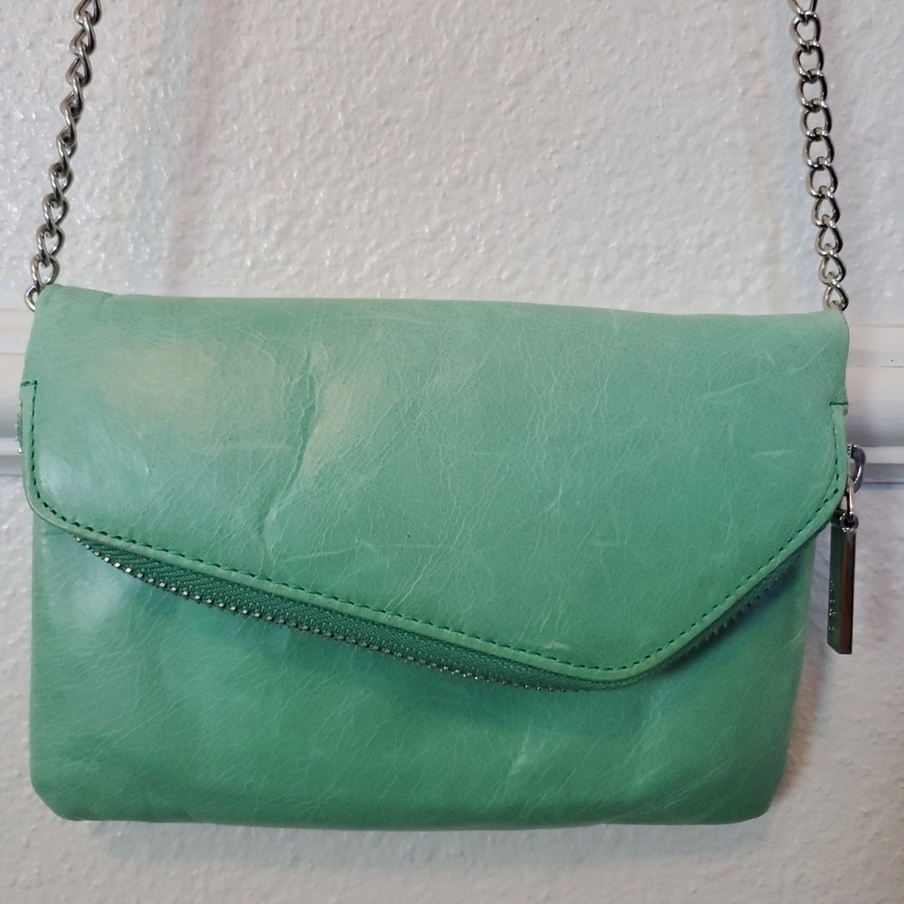 HOBO Green Leather Crossbody Bag Silver Chain Strap Clutch MintGreen Zipper Flap